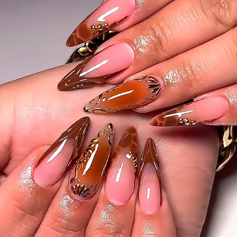 Brown French almond gel set with gold accents — Sola Nails 78704