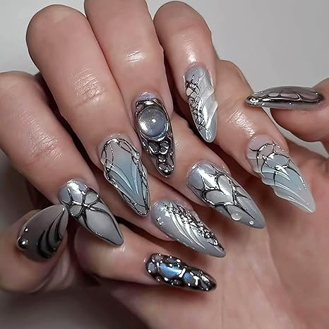 Silver chrome stiletto nails with stained-glass art near Zilker Park — Sola Nails 78704