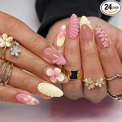 Pastel pink and yellow 3D floral almond press-on set — Sola Nails South Austin 78704
