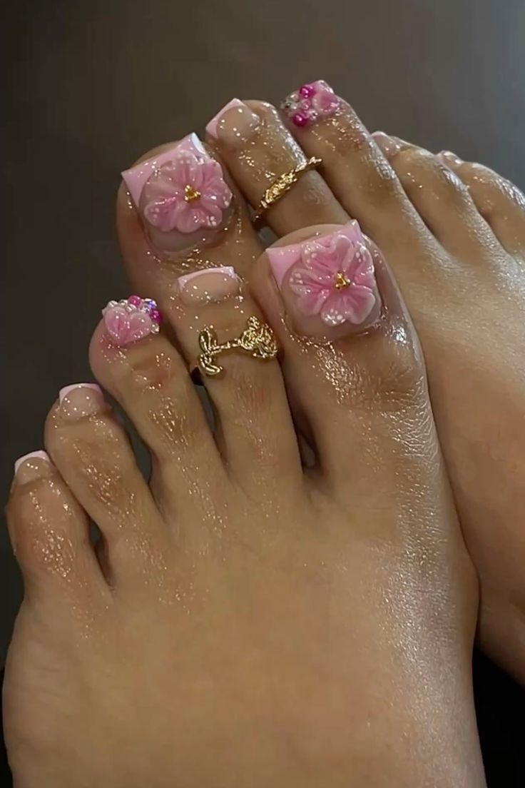 3D pink flower pedicure with gold toe ring at Sola Nails South Austin 78704