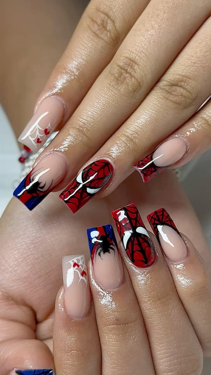Custom Spider-Man hand-painted nail art near SoCo Austin 78704
